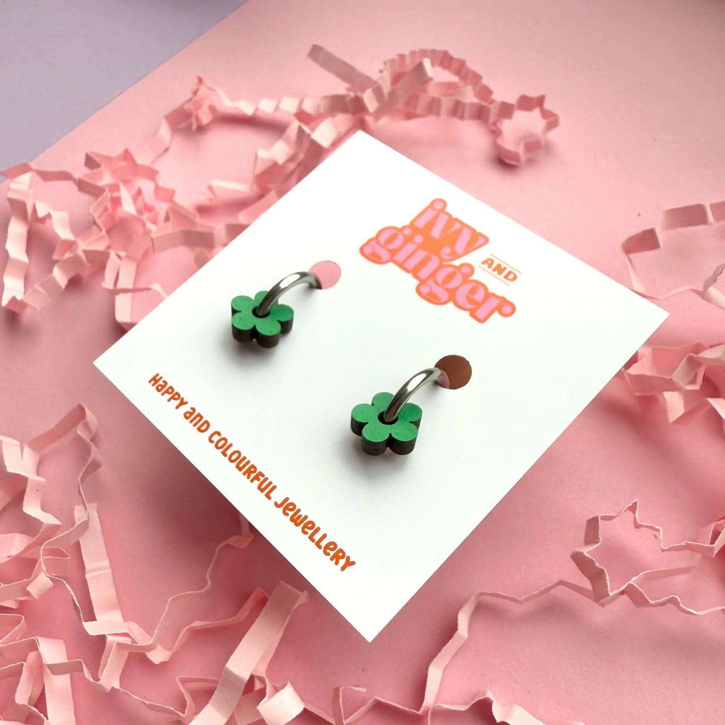 Mini statement green flower hoop earrings