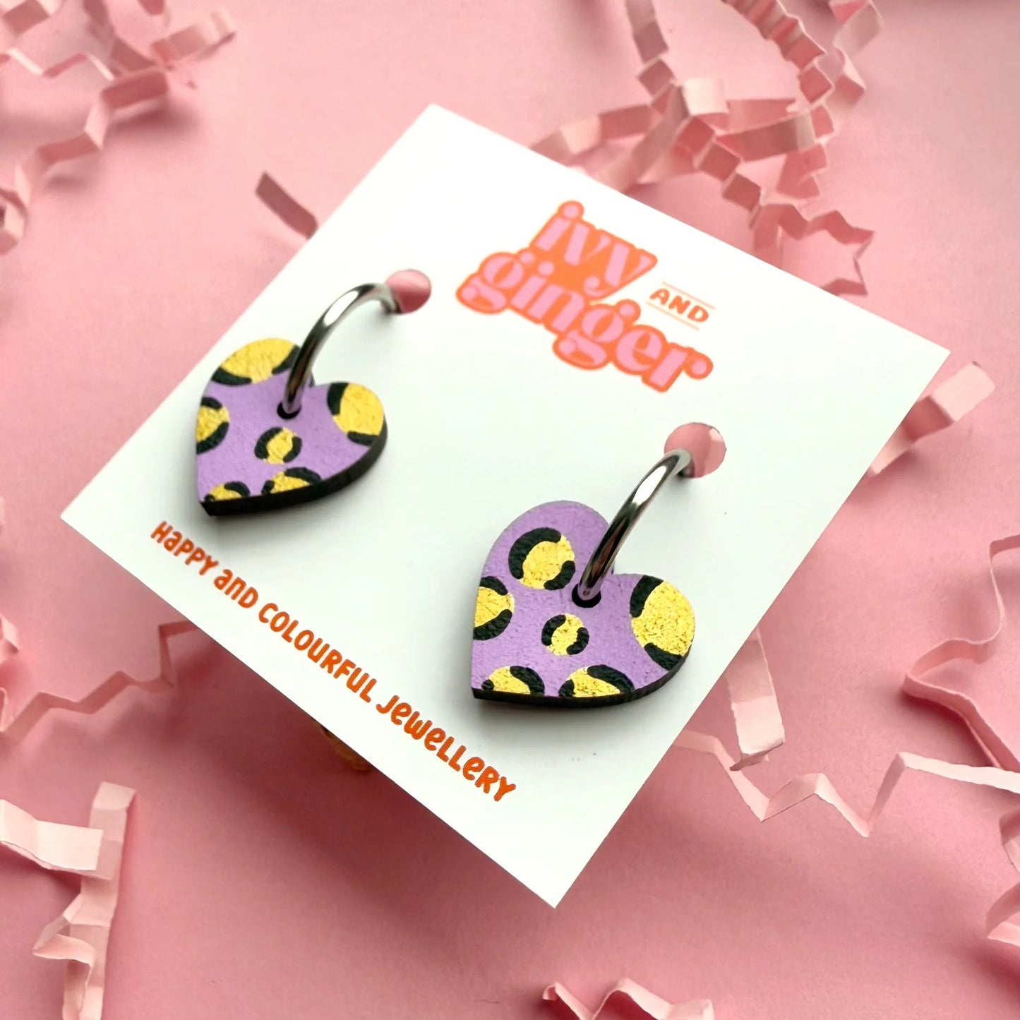 Lilac and gold leopard print small heart hoop earrings