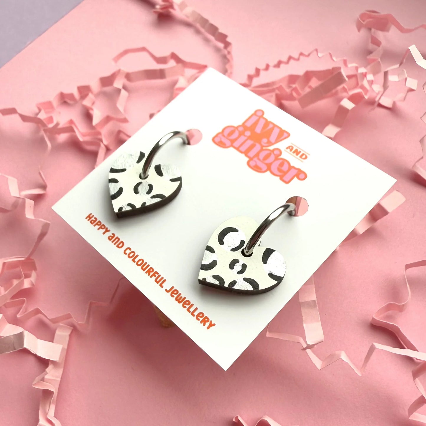 Metallic silver leopard print small heart hoop earrings