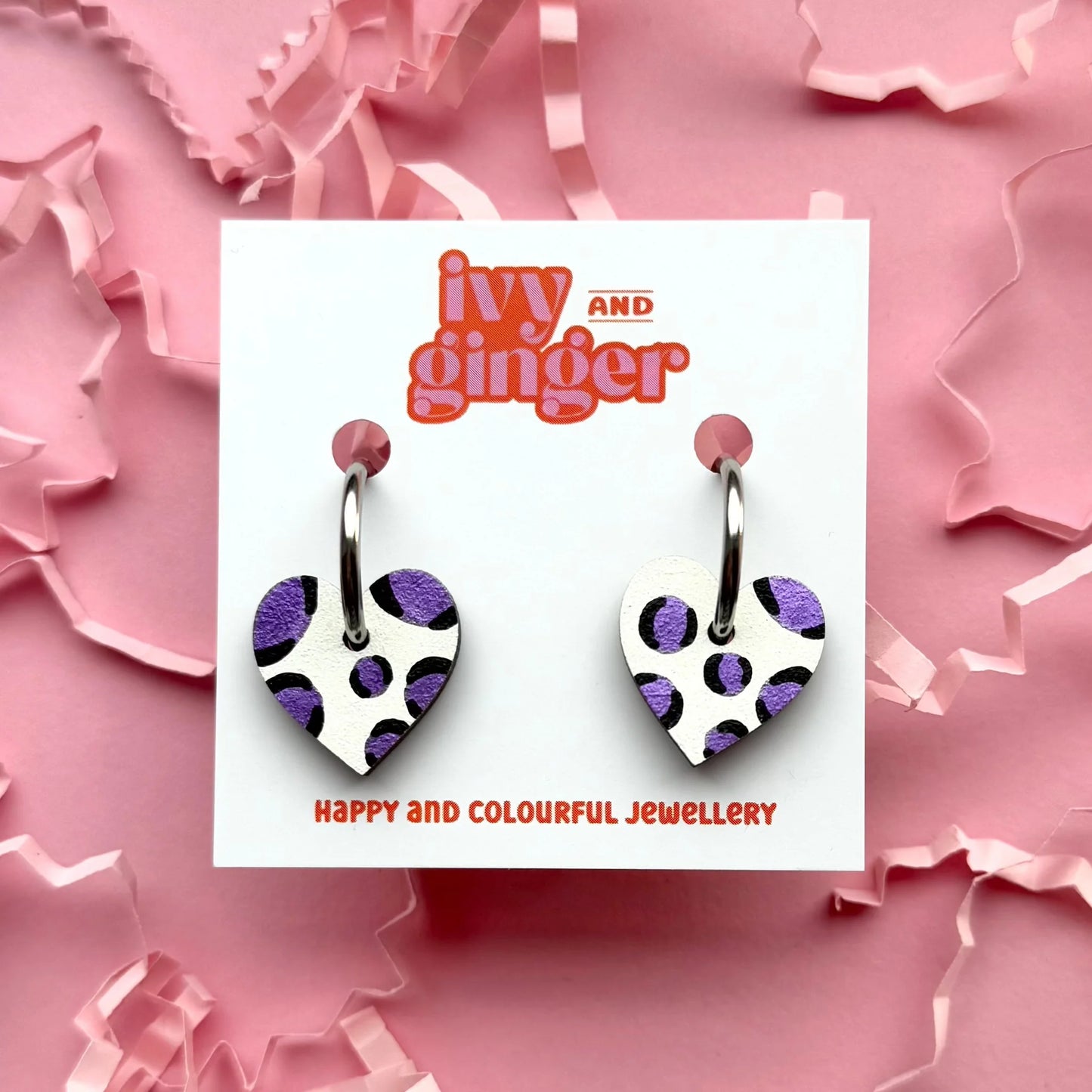 Metallic purple leopard print small heart hoop earrings