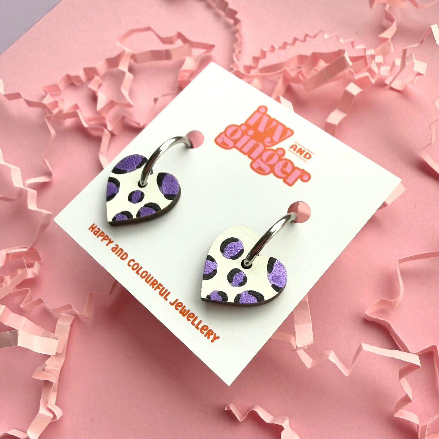 Metallic purple leopard print small heart hoop earrings