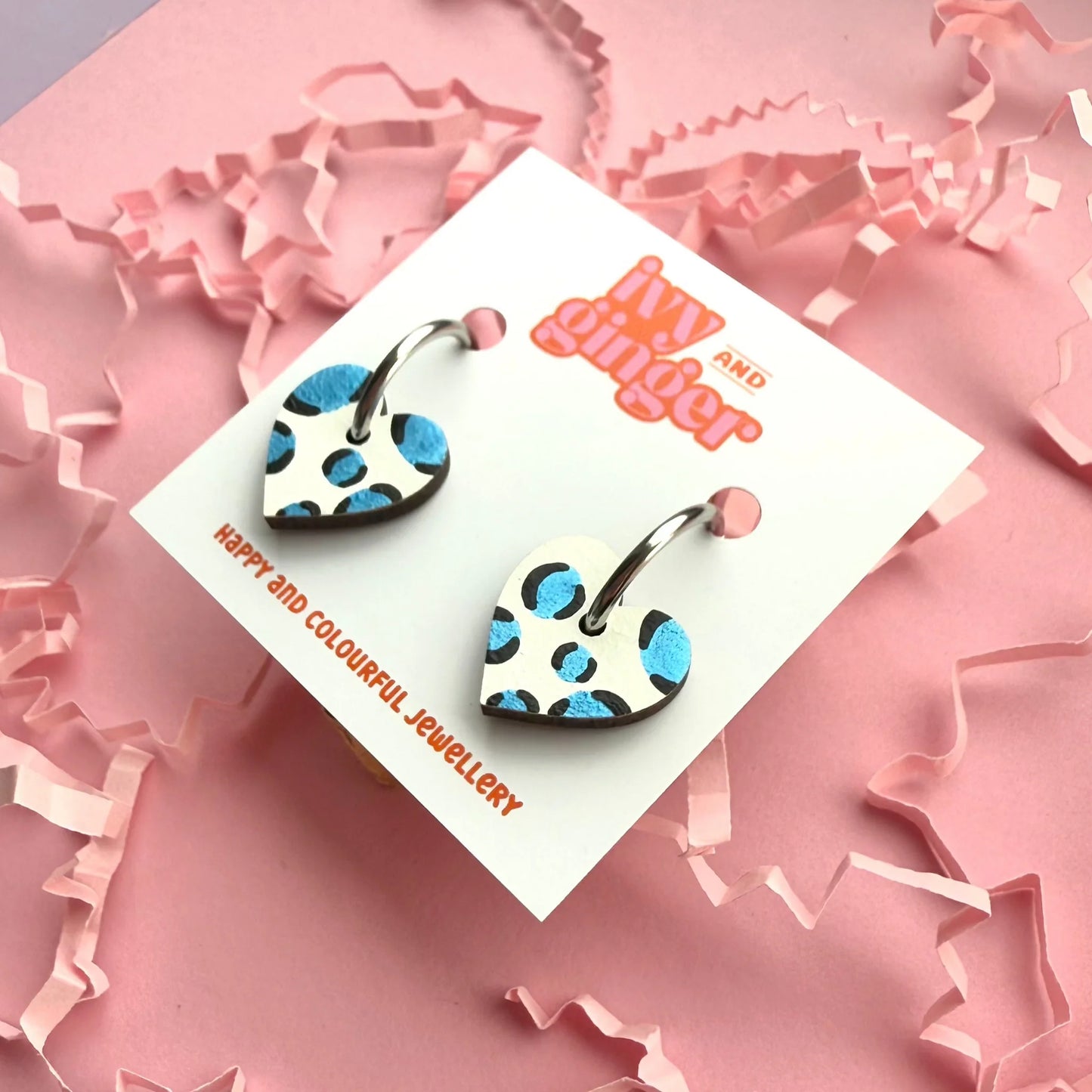 Metallic blue leopard print small heart hoop earrings