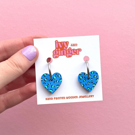 Blue and teal leopard print small heart hoop earrings