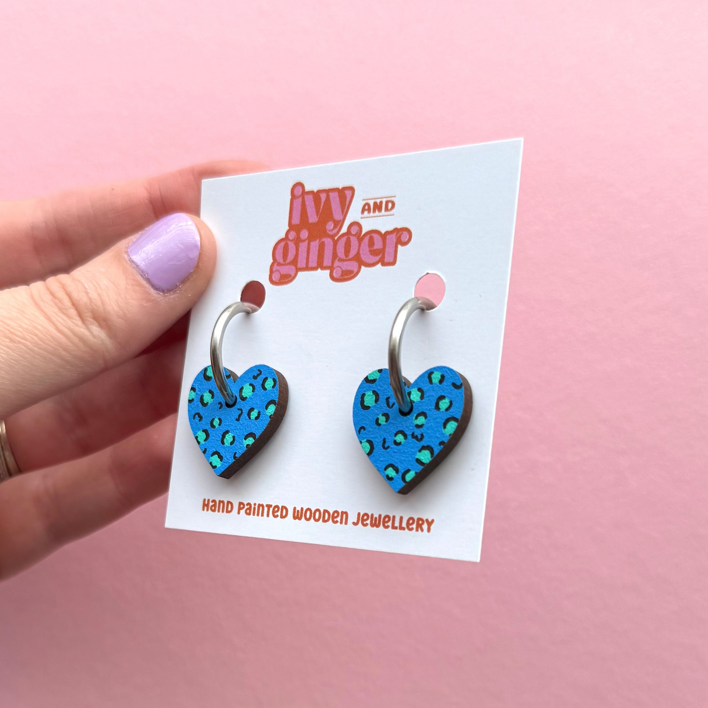 Blue and teal leopard print small heart hoop earrings
