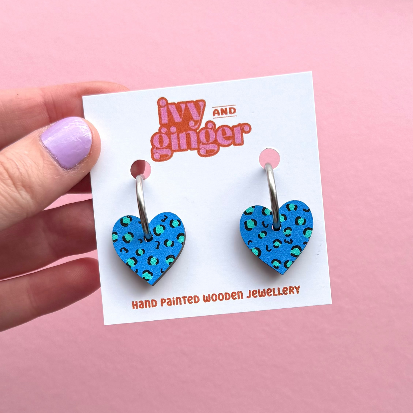 Blue and teal leopard print small heart hoop earrings