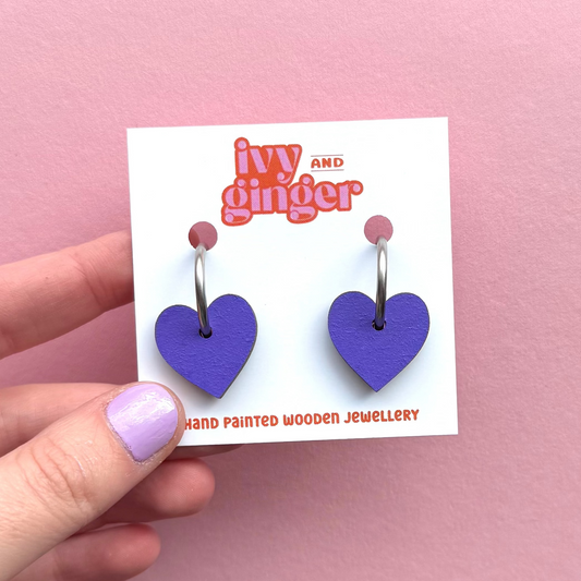 Purple heart shaped hoop earrings