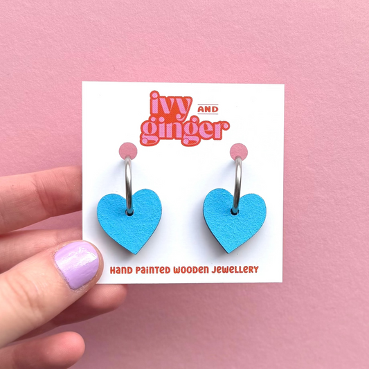Light blue heart shaped hoop earrings