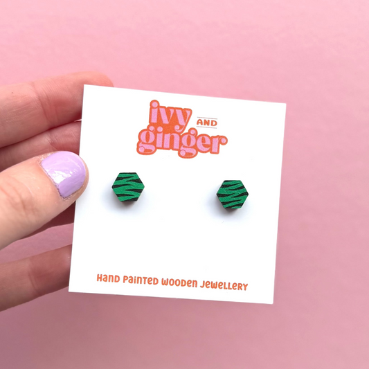 Mini green and black zebra print hexagon stud earrings