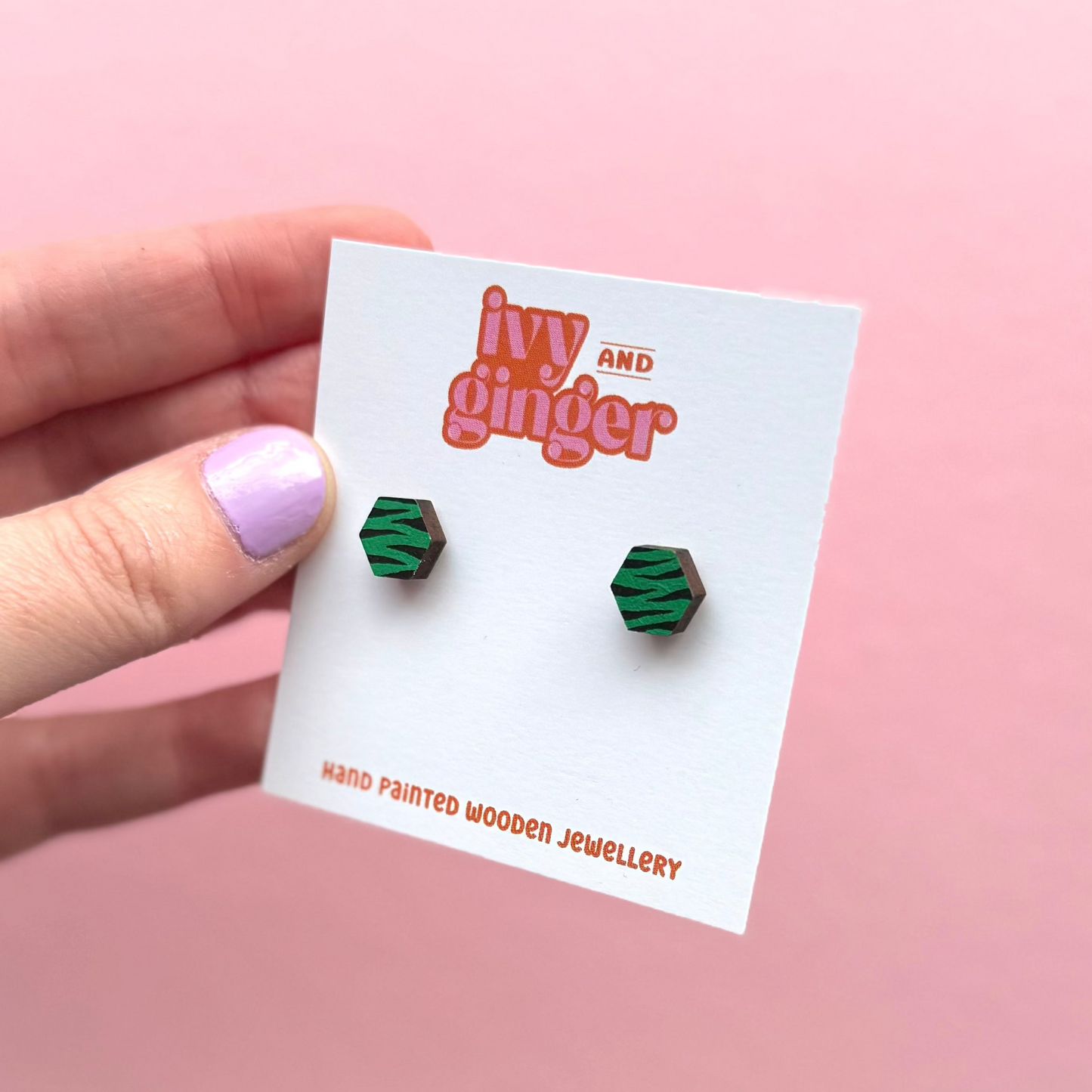 Mini green and black zebra print hexagon stud earrings