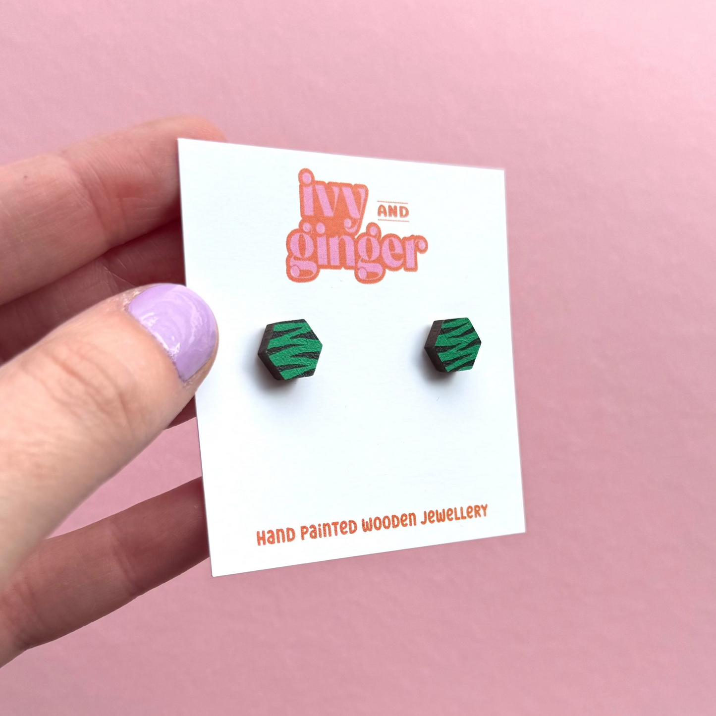 Mini green and black zebra print hexagon stud earrings