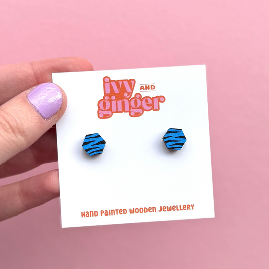 Mini blue and black zebra print hexagon stud earrings
