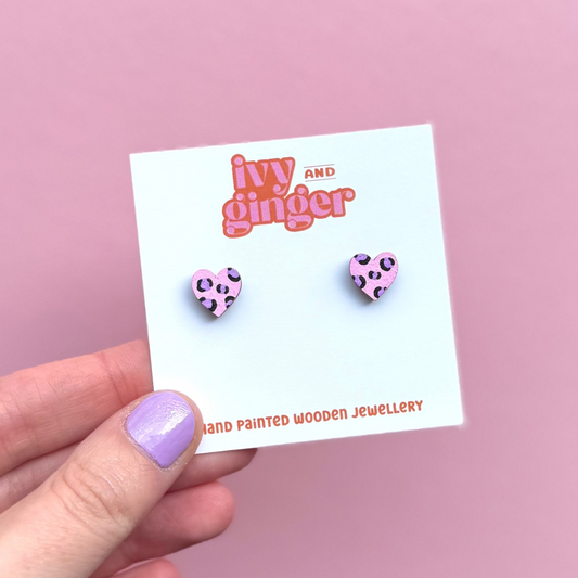 Mini leopard print heart pink and purple stud earrings