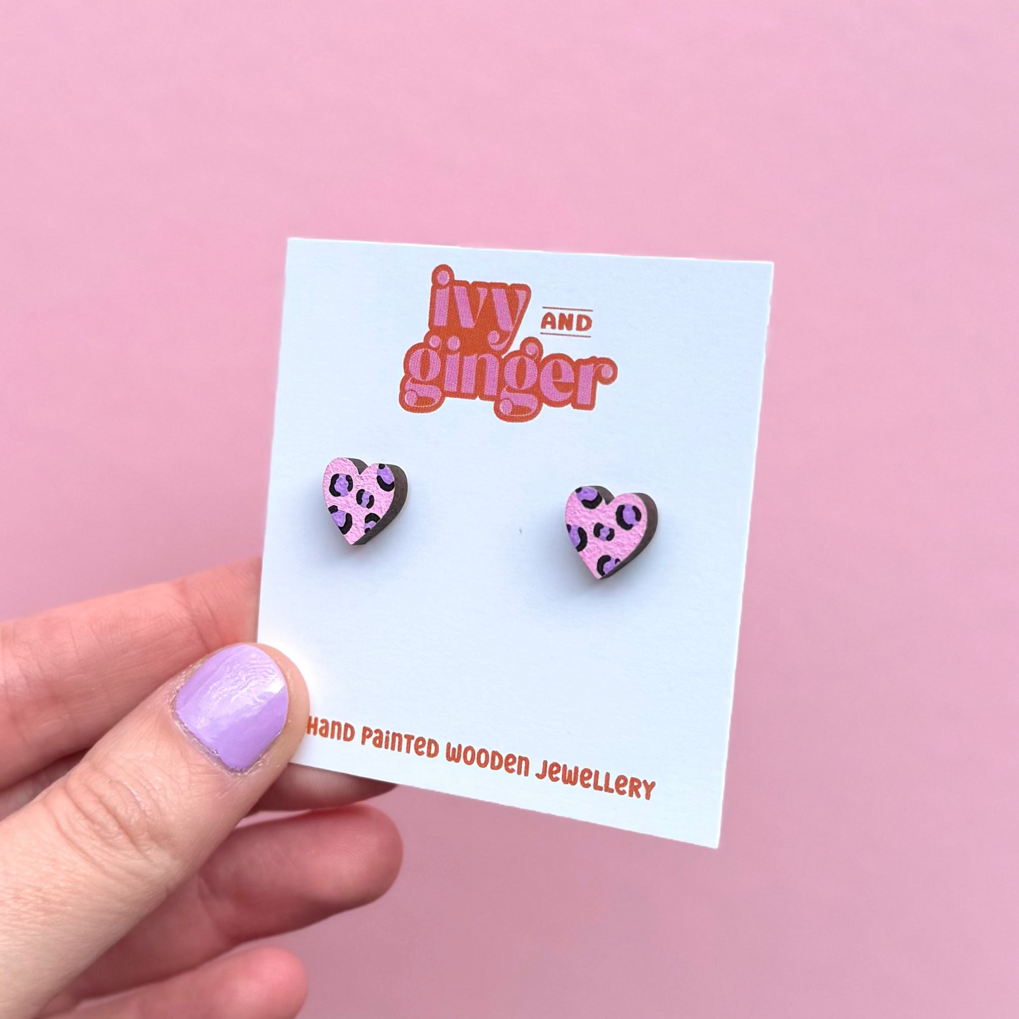 Mini leopard print heart pink and purple stud earrings