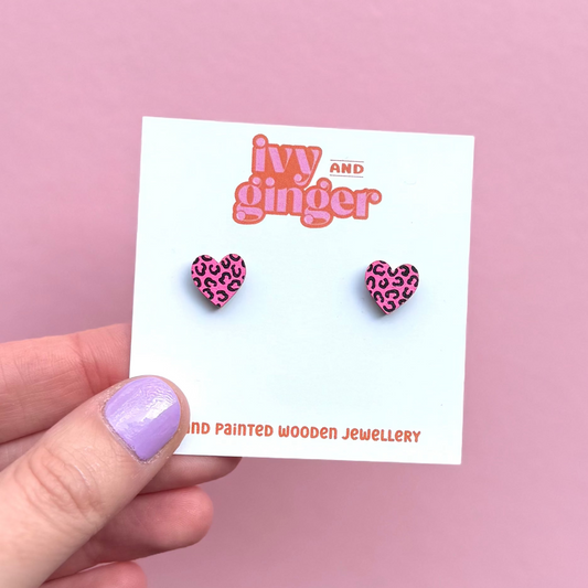 Mini bright pink and black leopard print heart studs