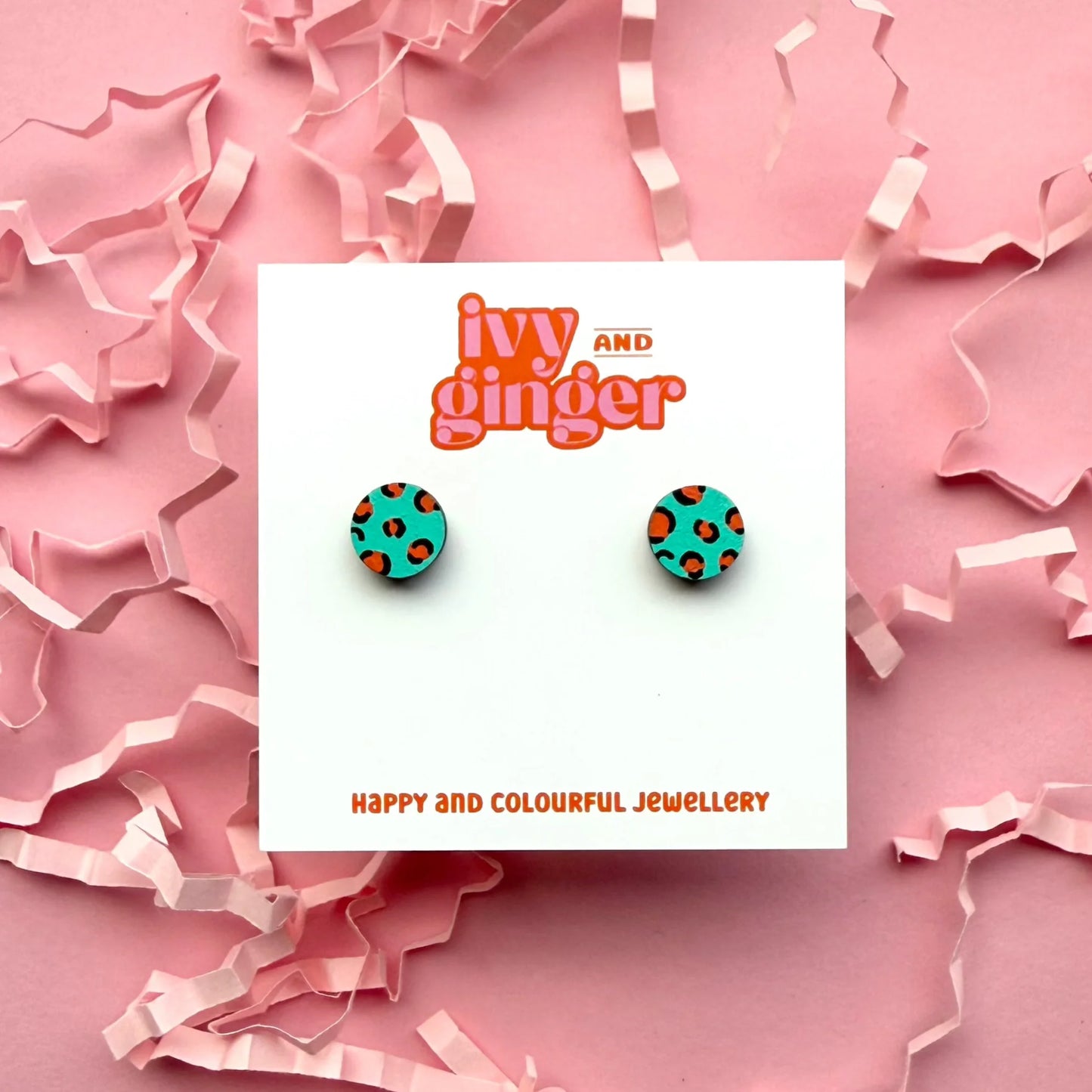 Mini teal and orange leopard print circle stud earrings