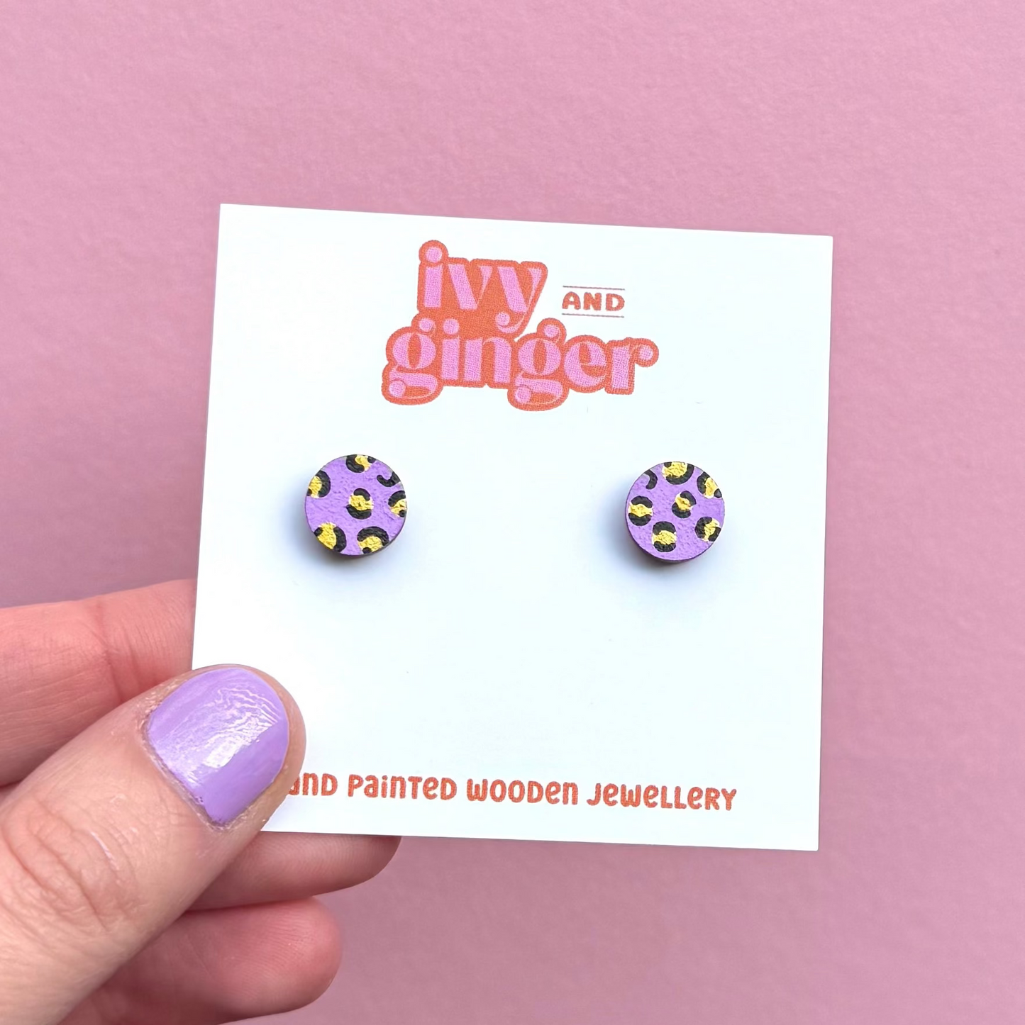 Mini leopard print circle lilac and gold stud earrings