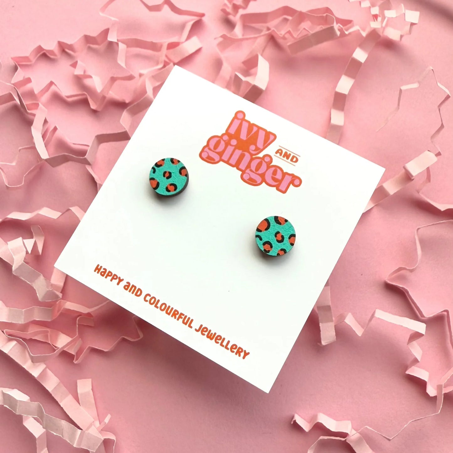 Mini teal and orange leopard print circle stud earrings