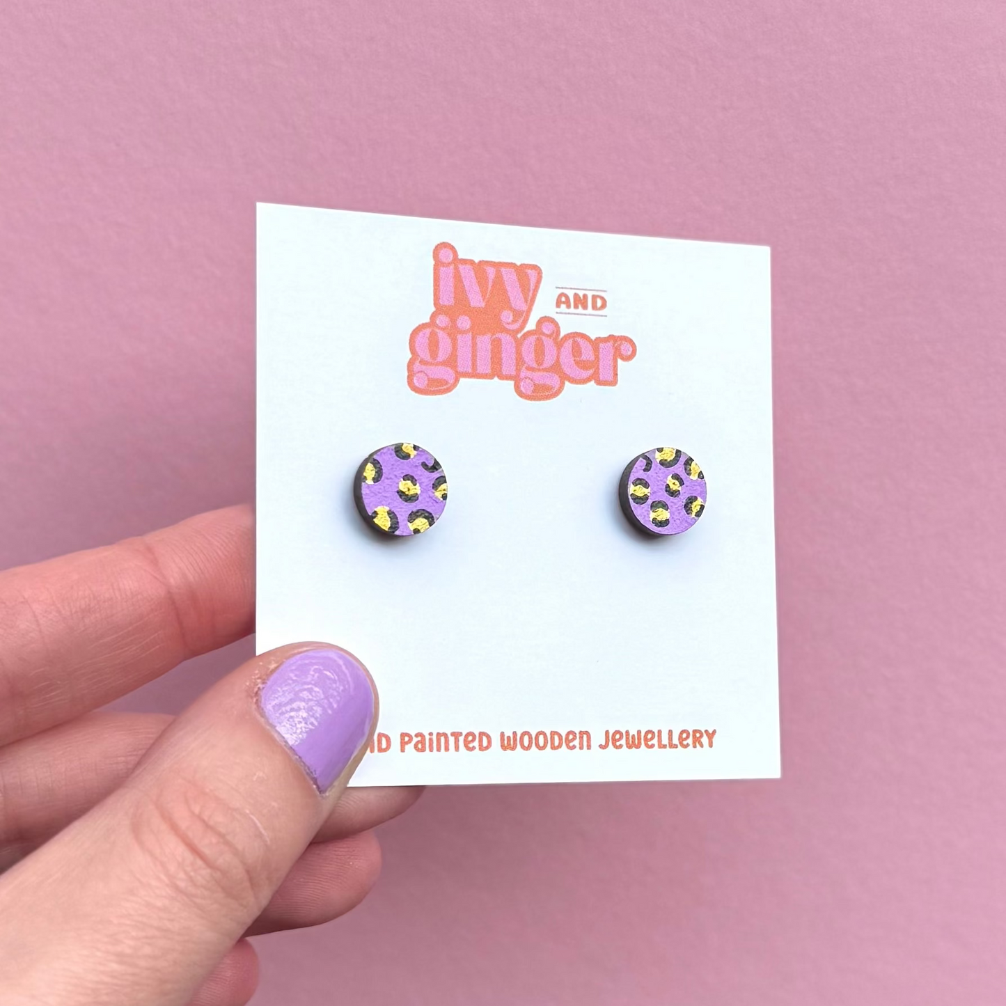 Mini leopard print circle lilac and gold stud earrings