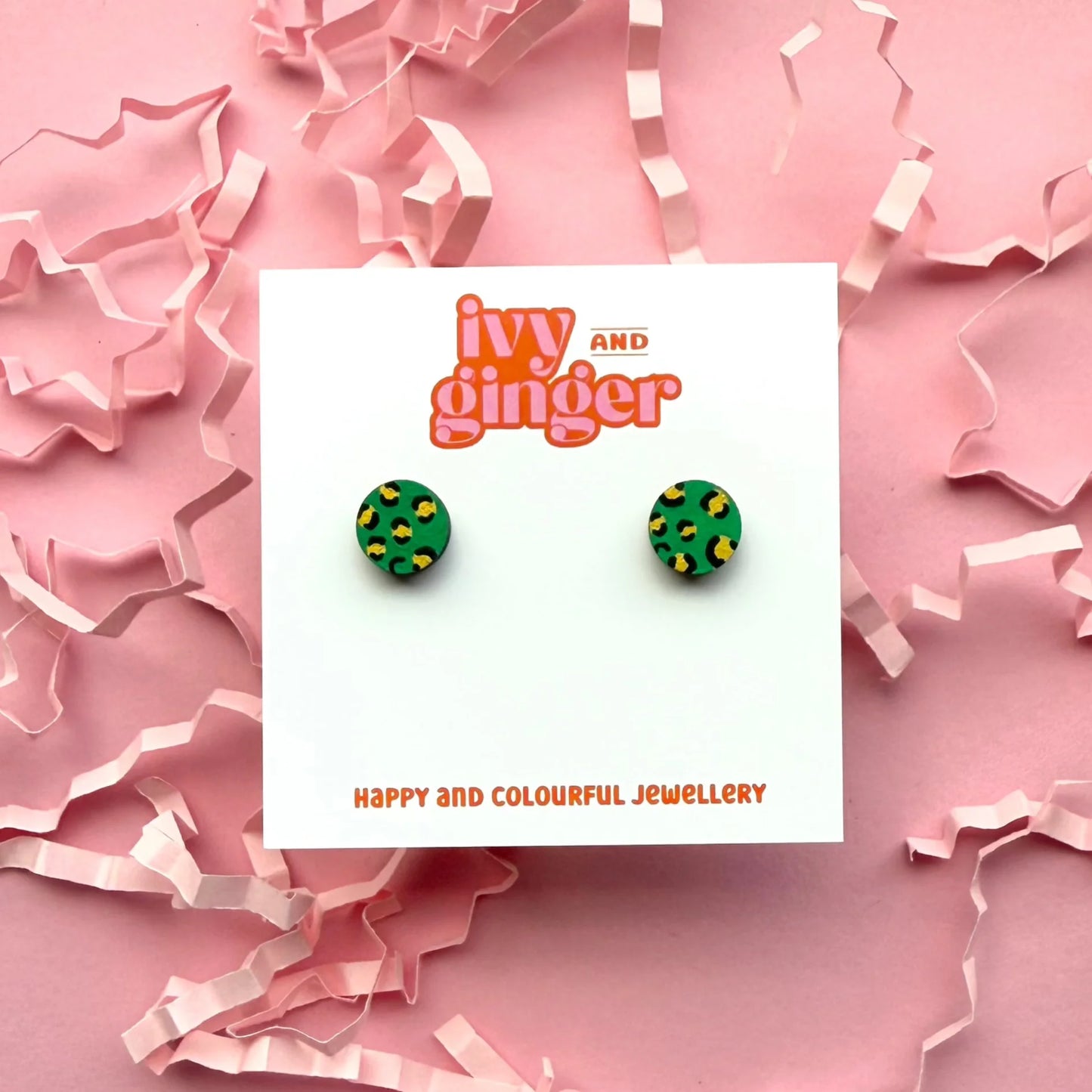 Mini green and gold leopard print circle stud earrings