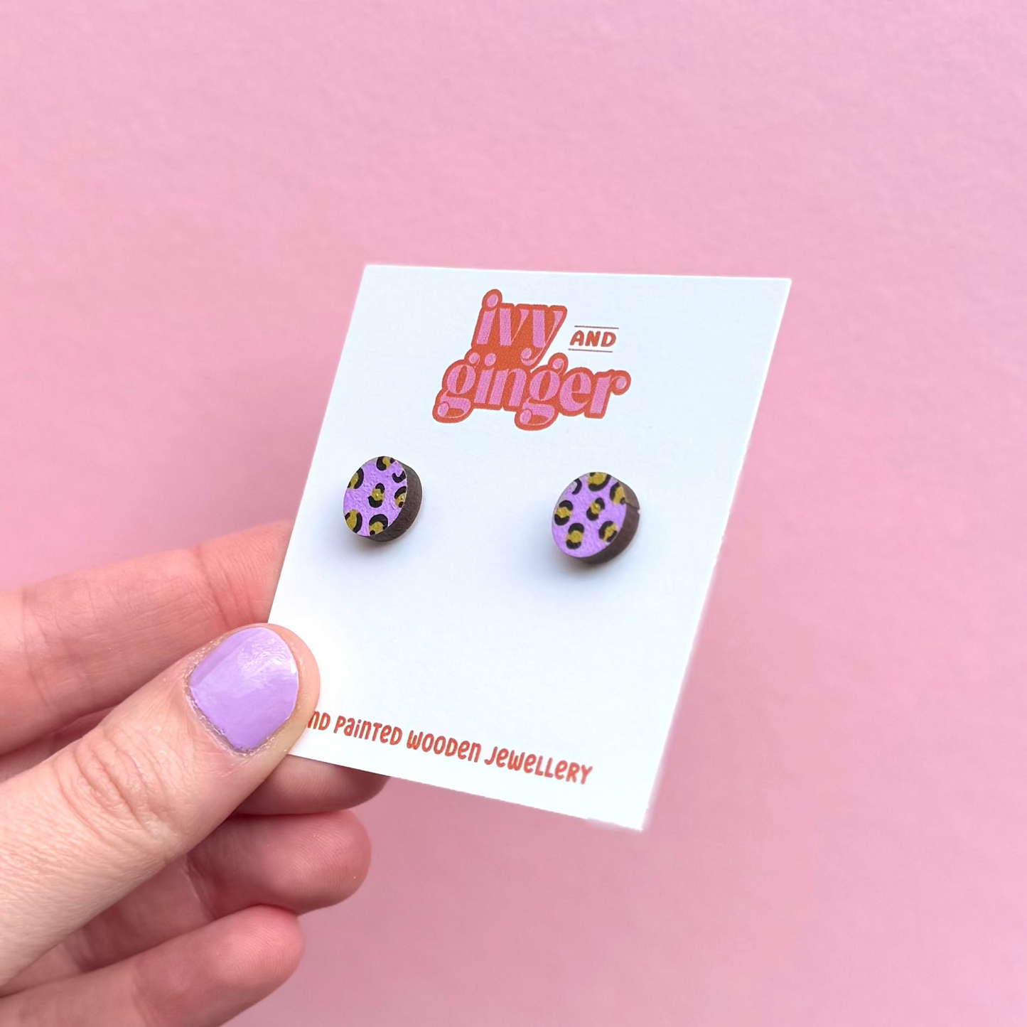 Mini leopard print circle lilac and gold stud earrings