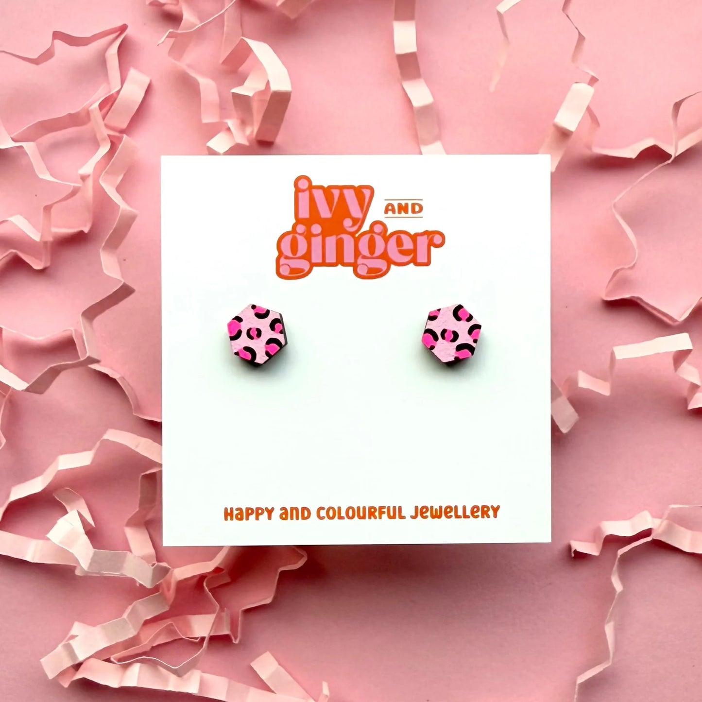 Mini light pink and neon pink hexagon leopard print stud earrings