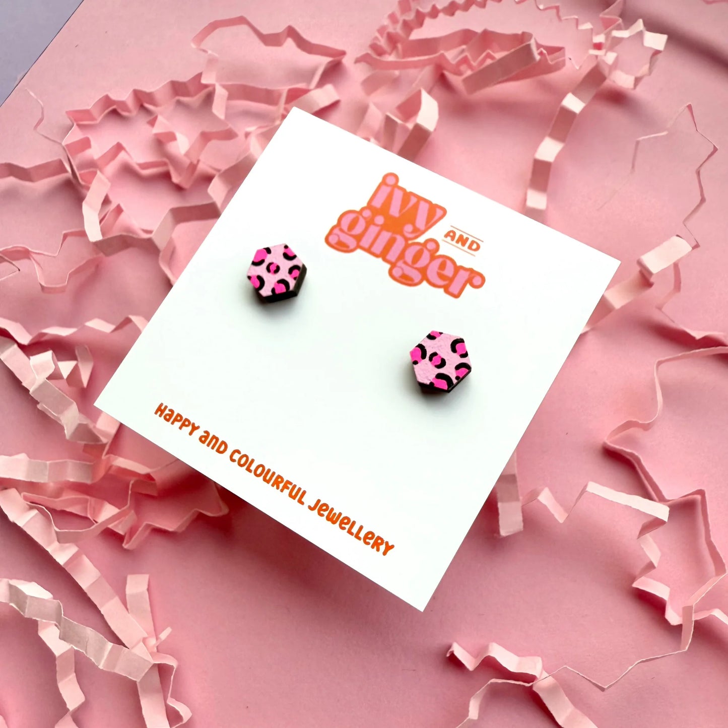 Mini light pink and neon pink hexagon leopard print stud earrings