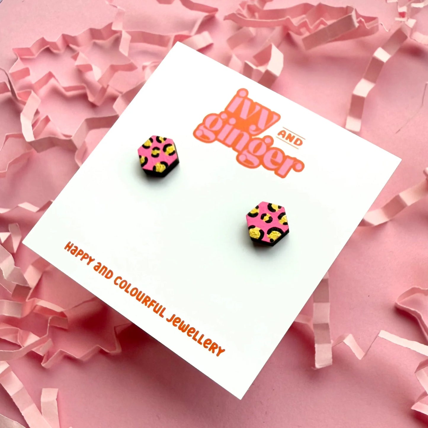 Mini bright pink and gold hexagon leopard print stud earrings