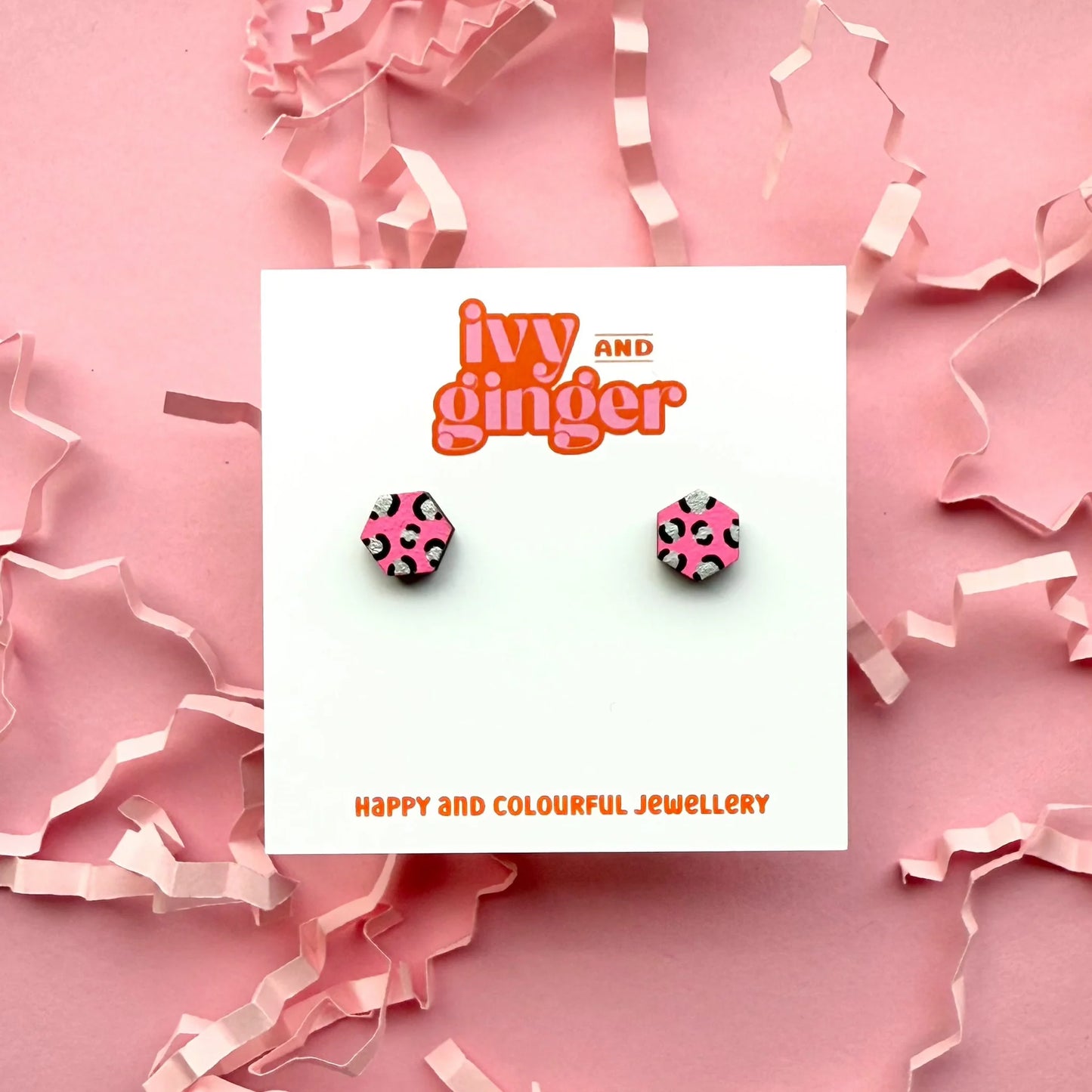 Mini bright pink and silver hexagon leopard print stud earrings