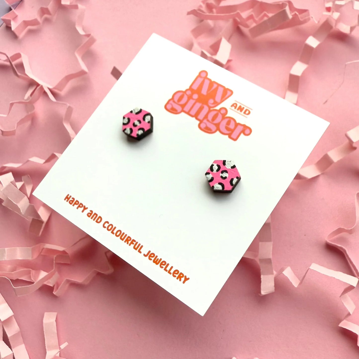 Mini bright pink and silver hexagon leopard print stud earrings