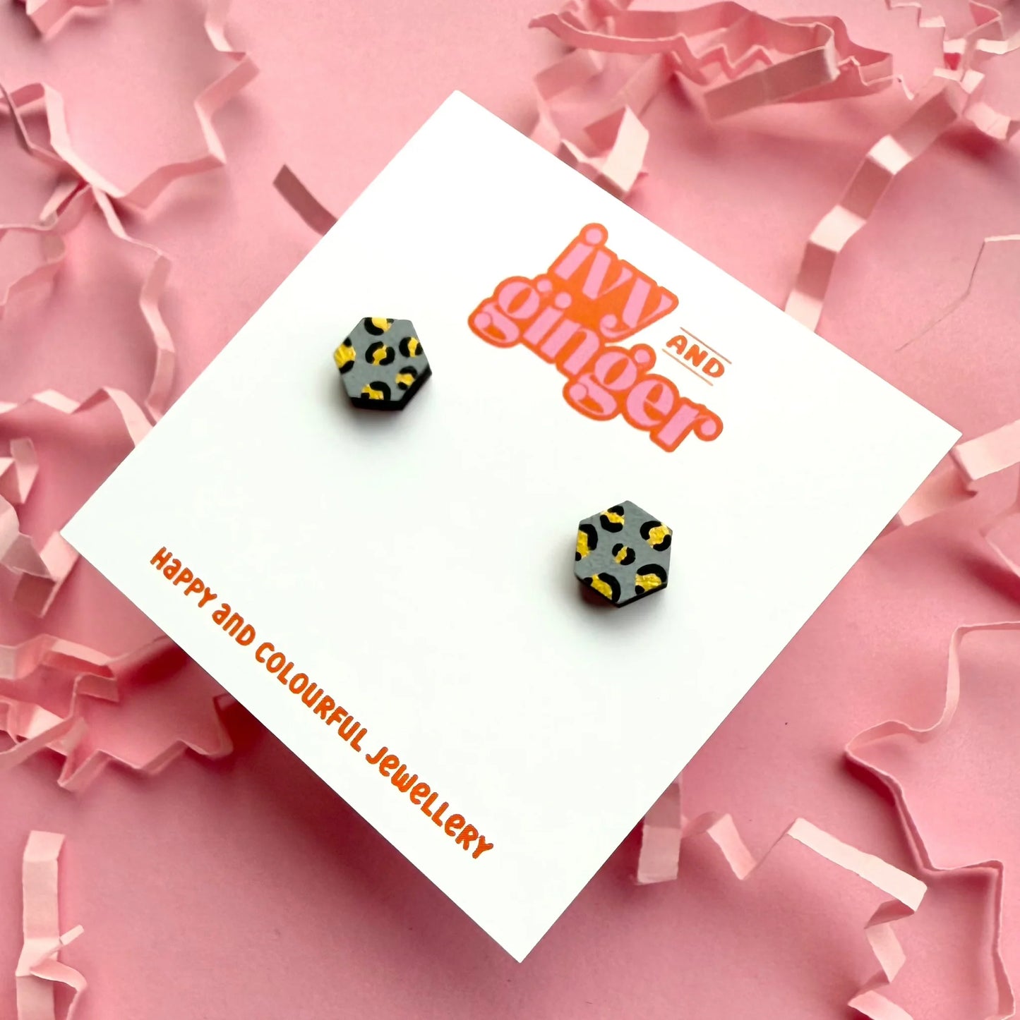 Mini grey and gold hexagon leopard print stud earrings