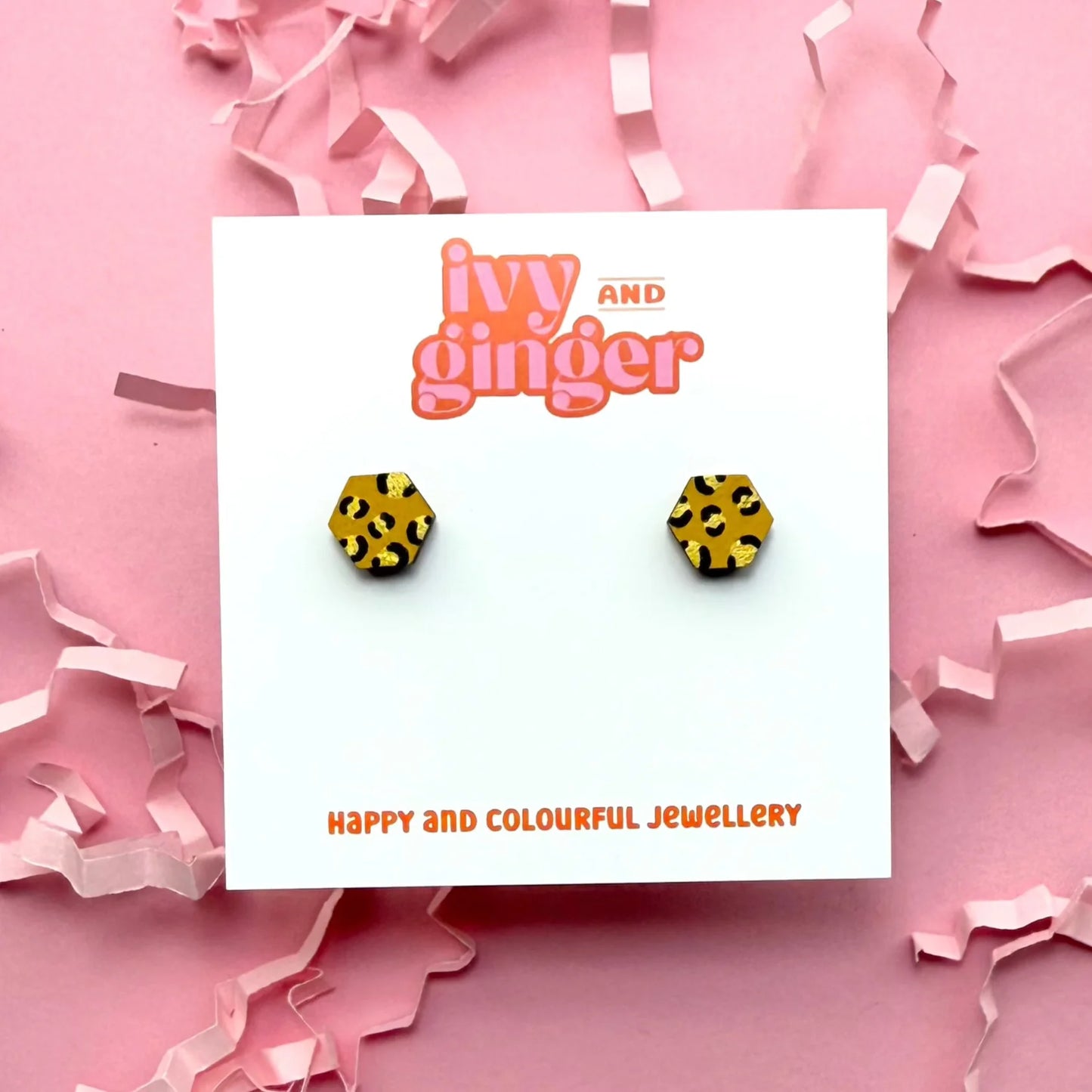 Mini mustard and gold hexagon leopard print stud earrings