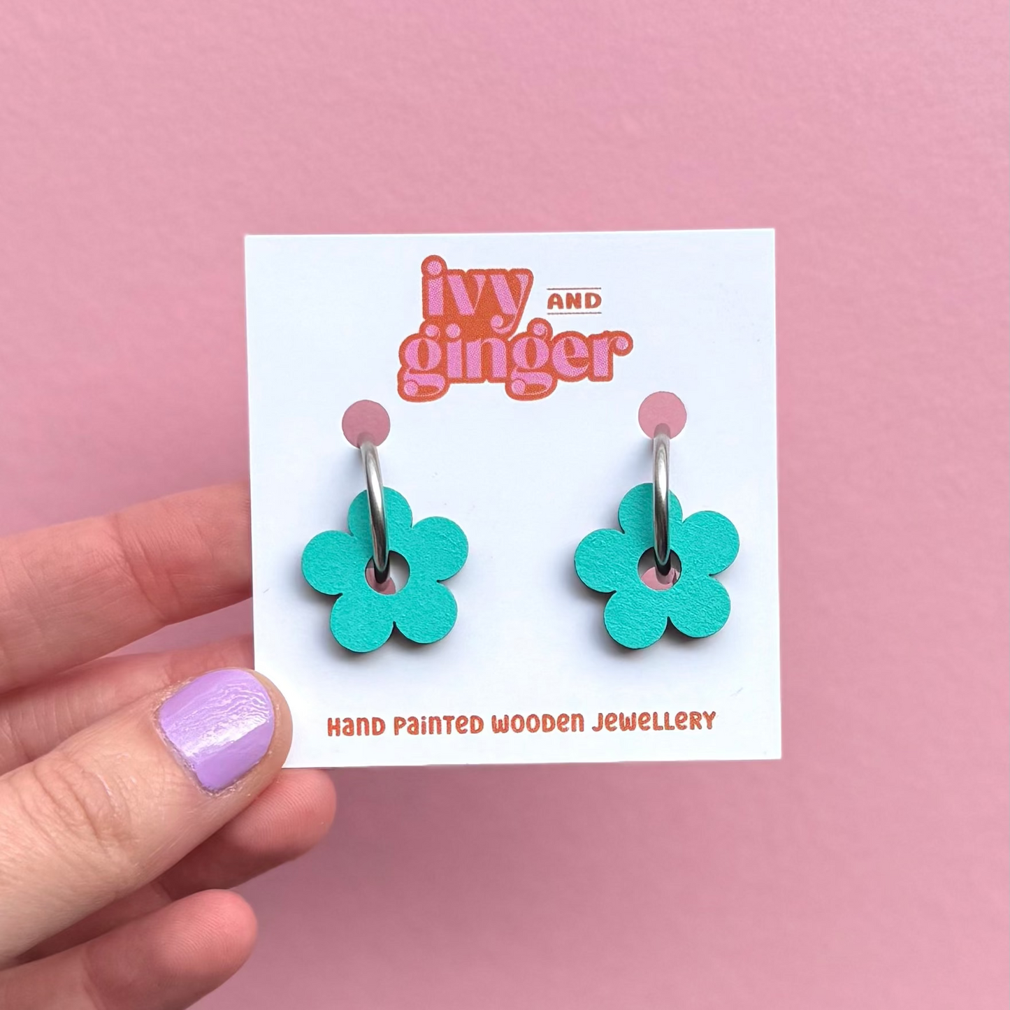 Teal flower hoop earrings