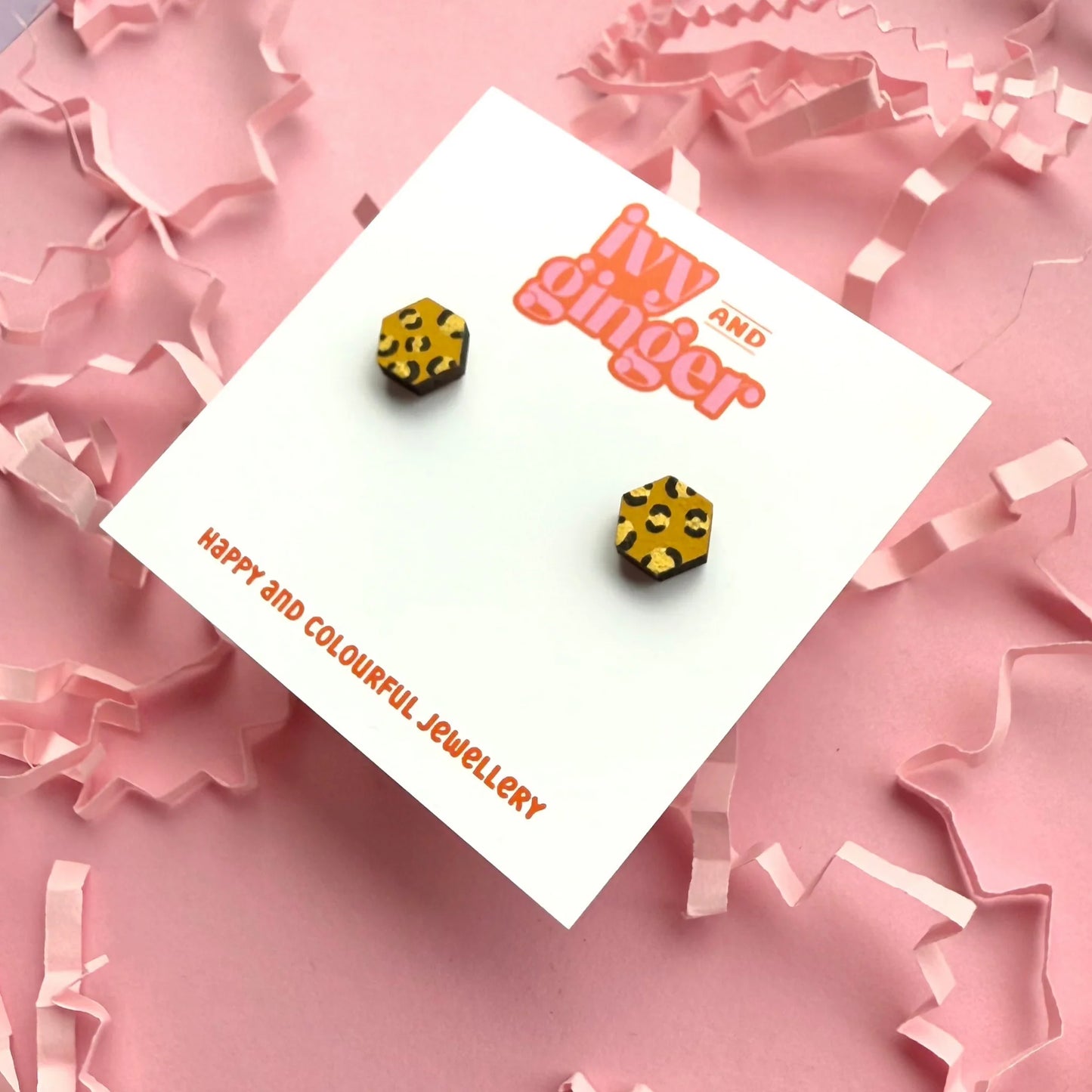 Mini mustard and gold hexagon leopard print stud earrings