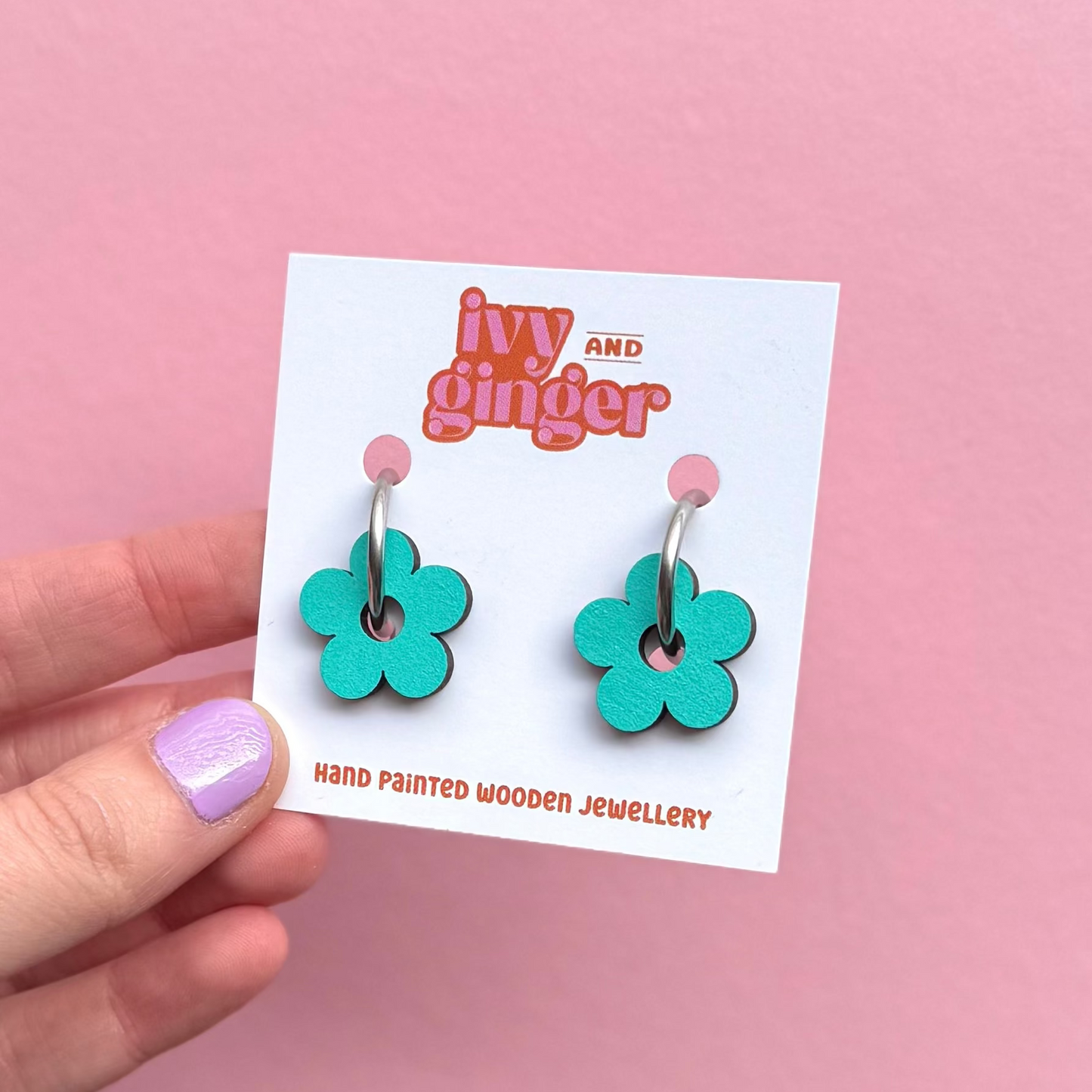 Teal flower hoop earrings