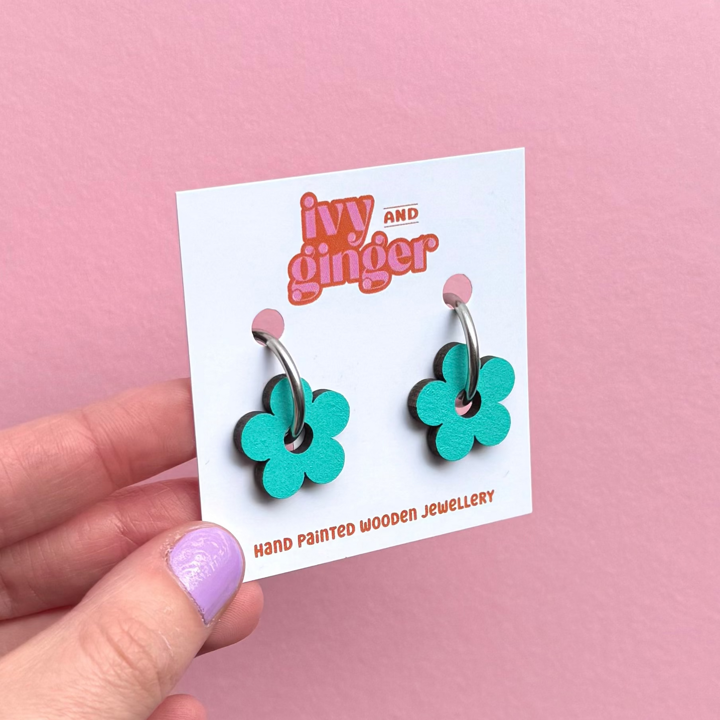 Teal flower hoop earrings