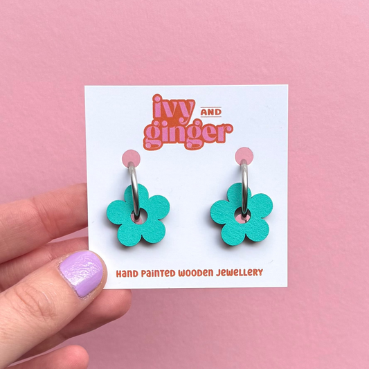 Teal flower hoop earrings
