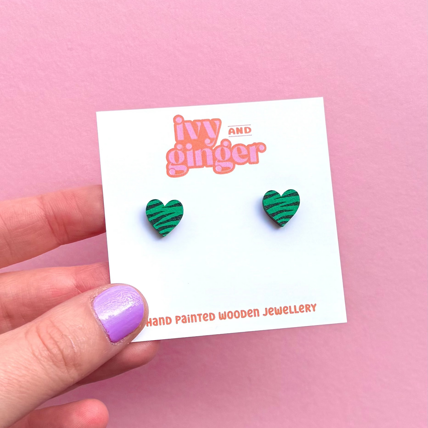 Mini green and black zebra print heart stud earrings