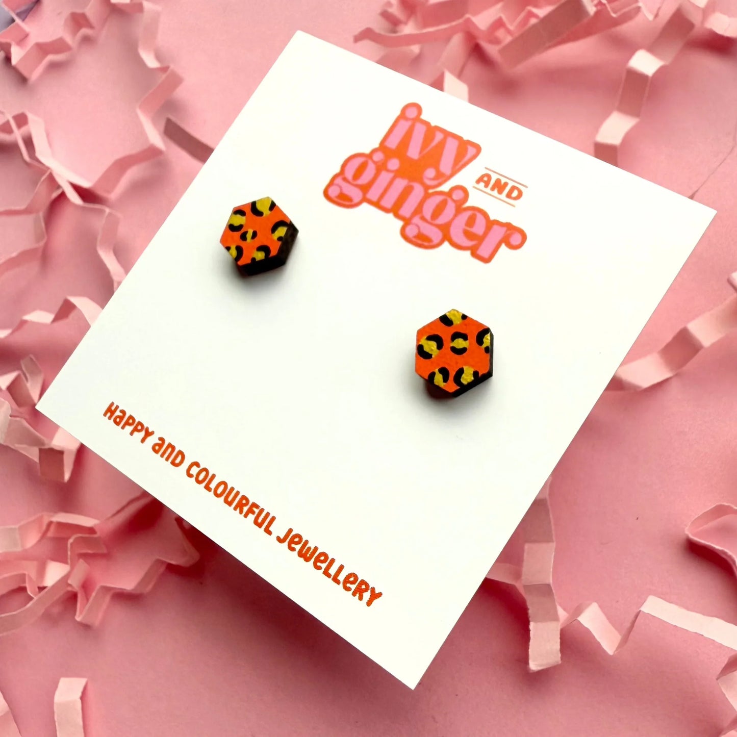 Mini orange and gold hexagon leopard print stud earrings