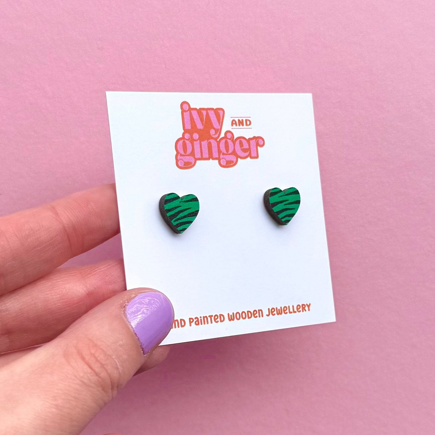 Mini green and black zebra print heart stud earrings