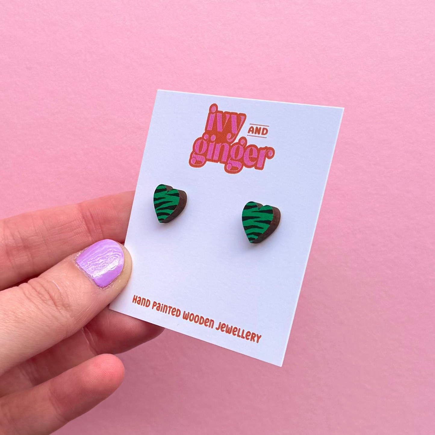 Mini green and black zebra print heart stud earrings