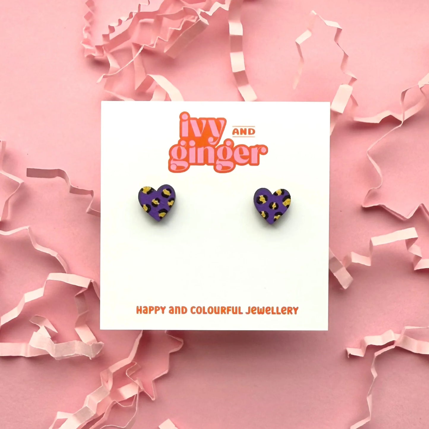 Mini purple and gold leopard print heart stud earrings