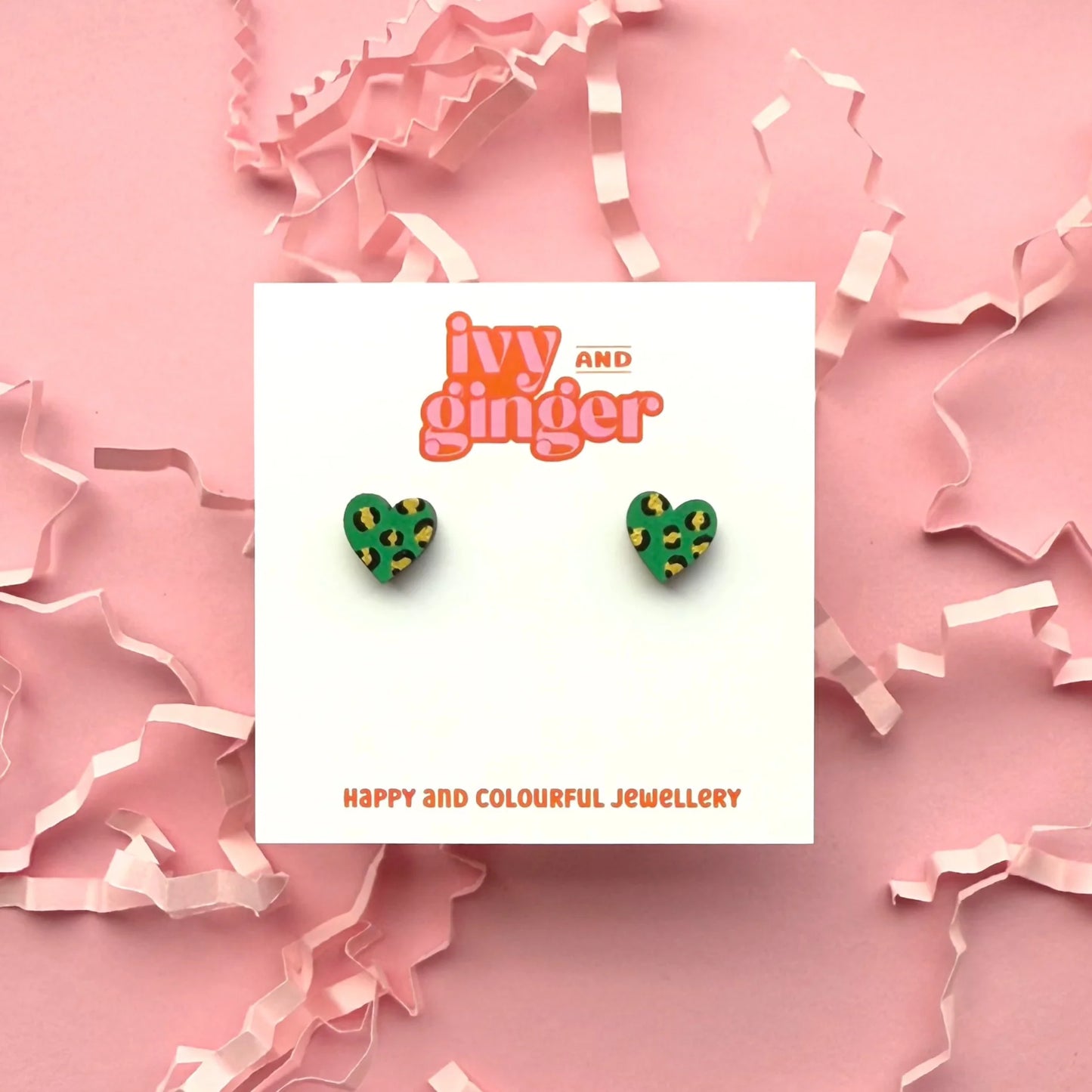 Mini green and gold leopard print heart stud earrings