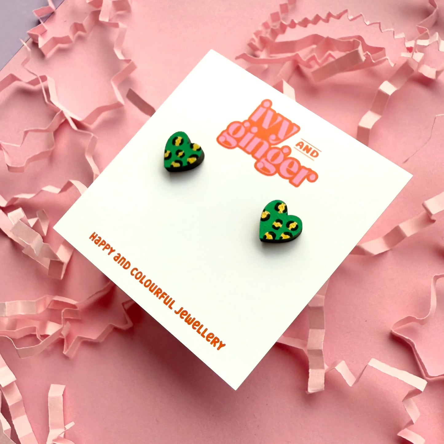 Mini green and gold leopard print heart stud earrings