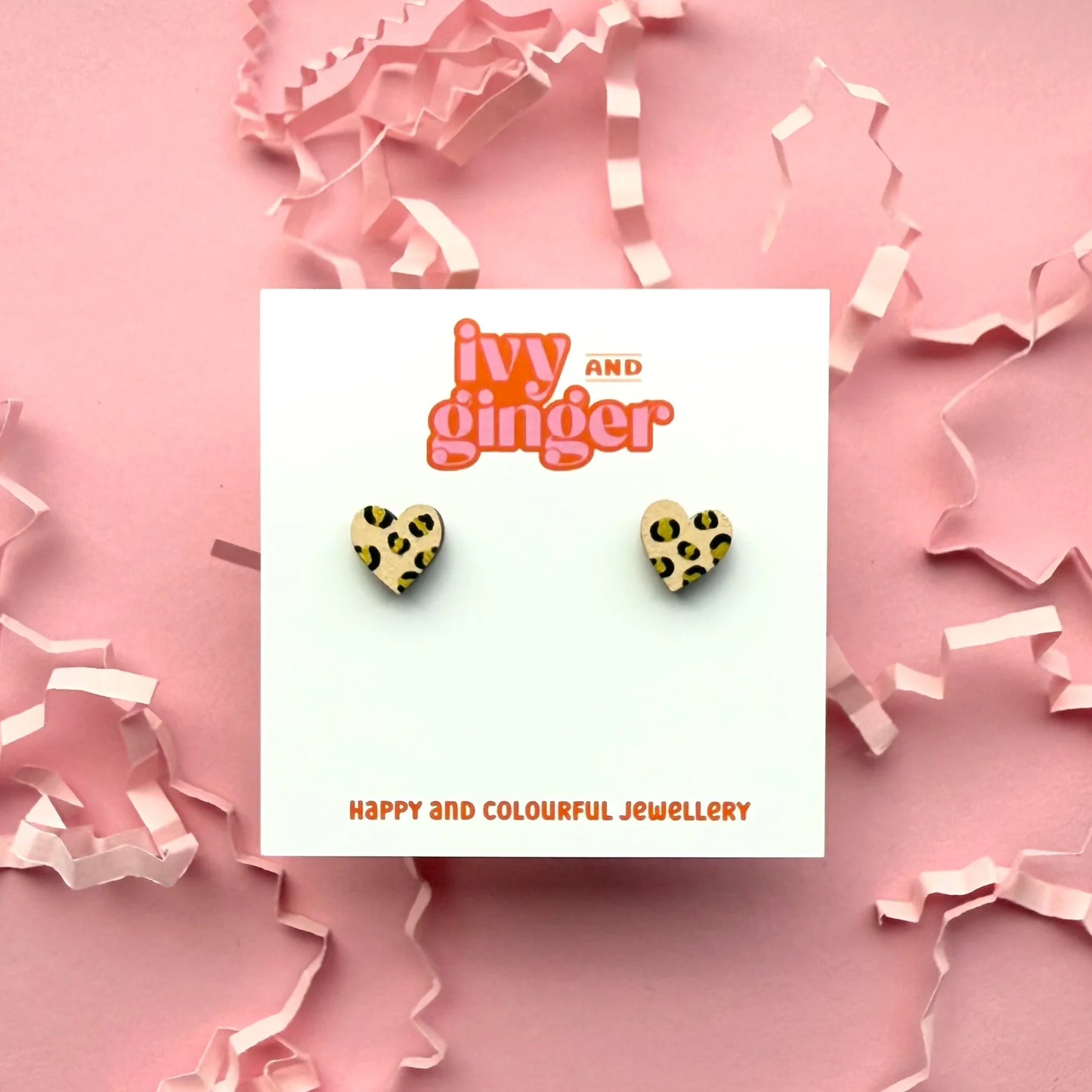 Mini cream and gold leopard print heart stud earrings