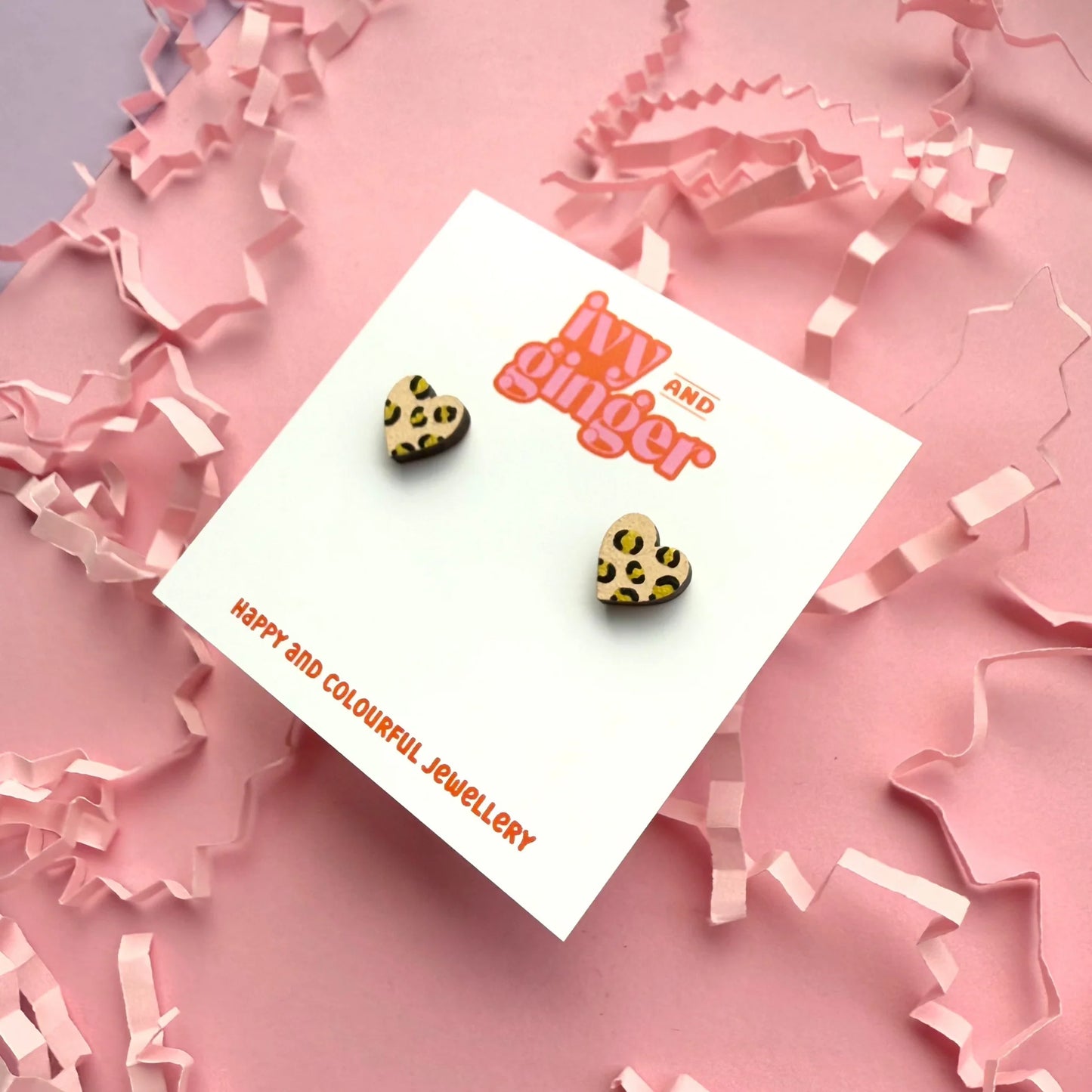 Mini cream and gold leopard print heart stud earrings