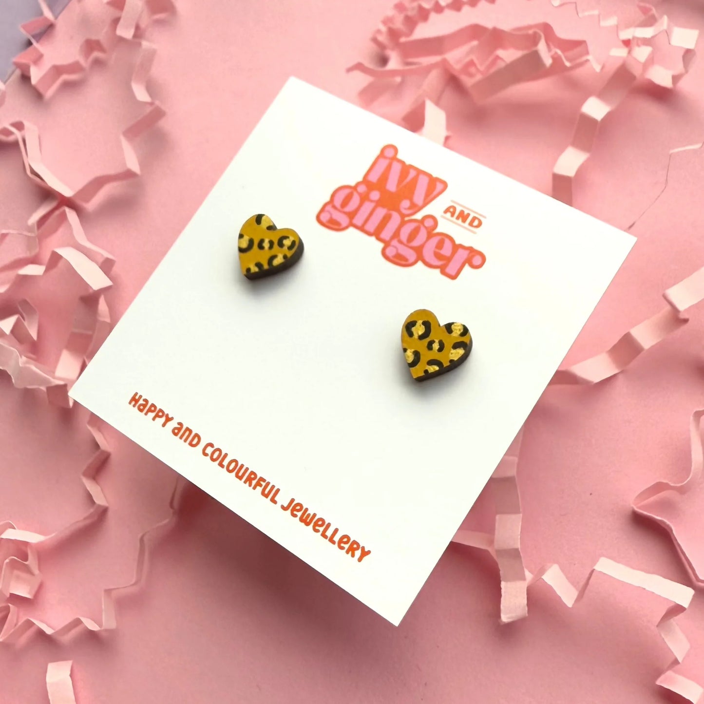 Mini mustard and gold leopard print heart stud earrings