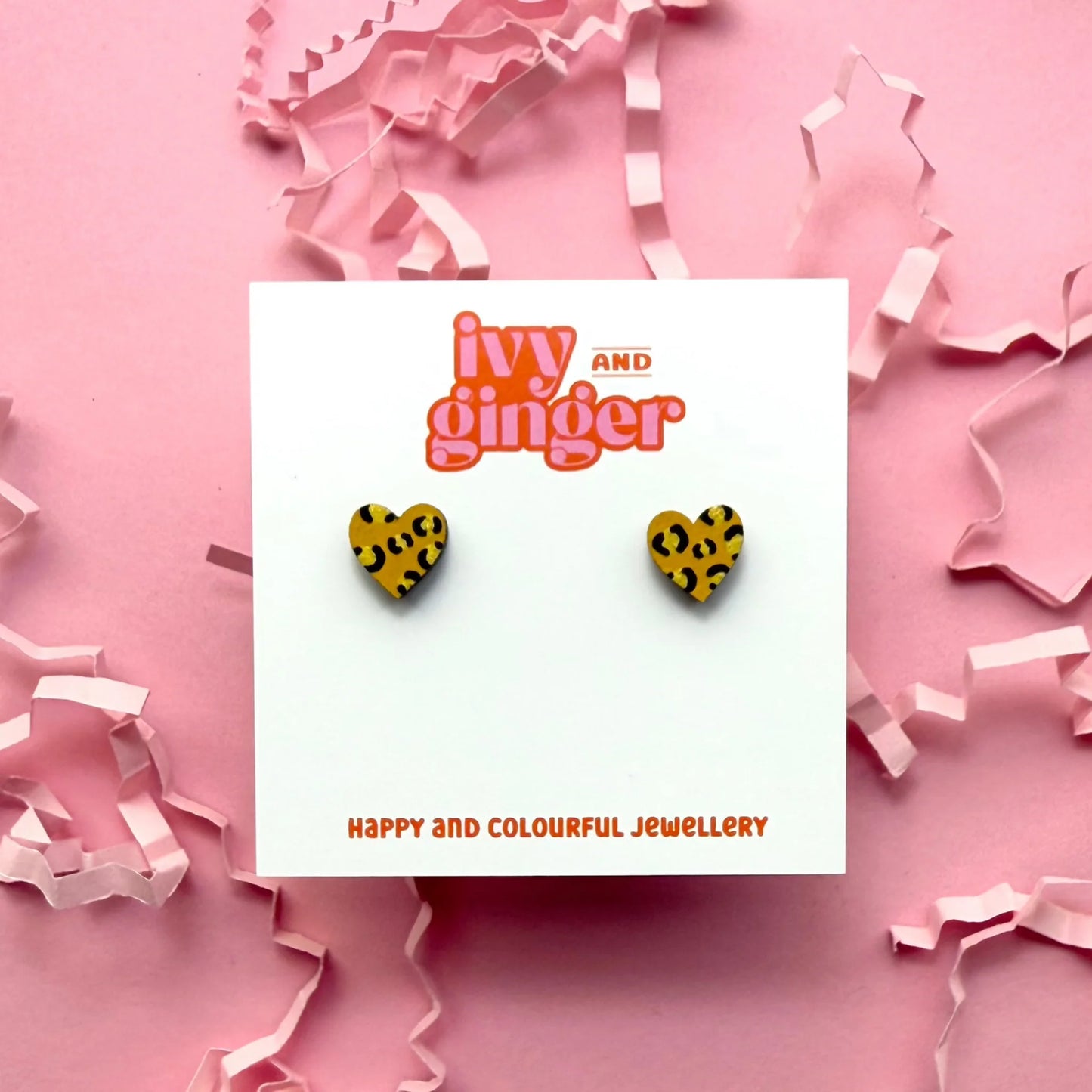 Mini mustard and gold leopard print heart stud earrings