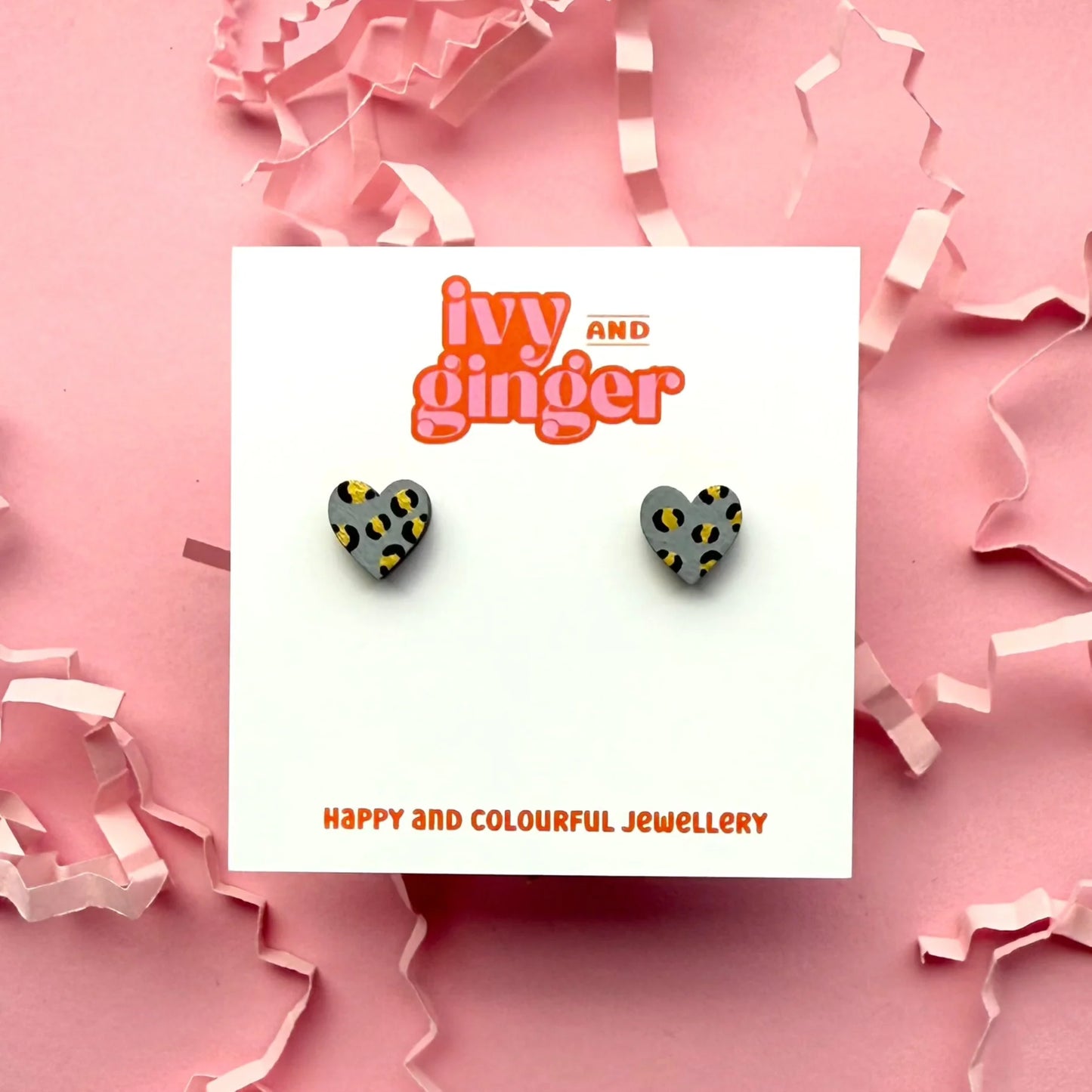 Mini grey and gold leopard print heart stud earrings