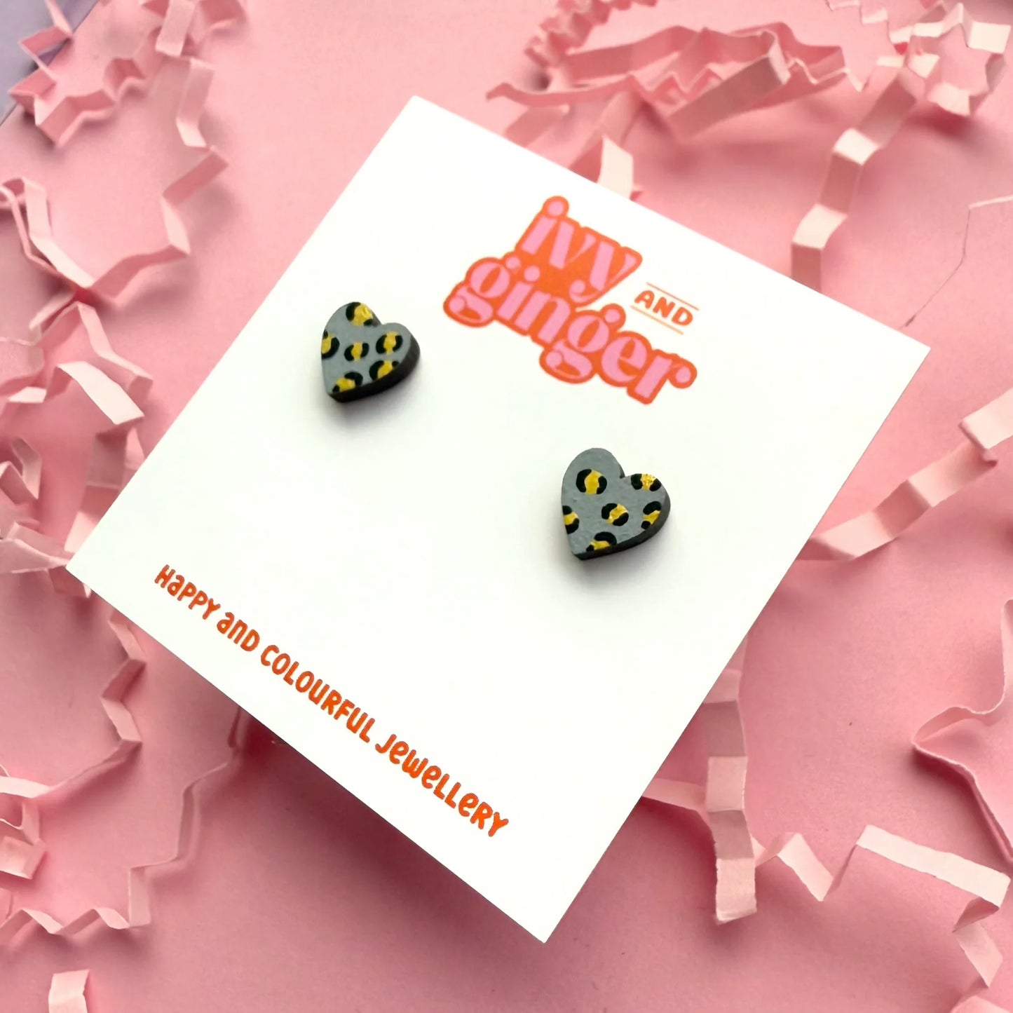 Mini grey and gold leopard print heart stud earrings