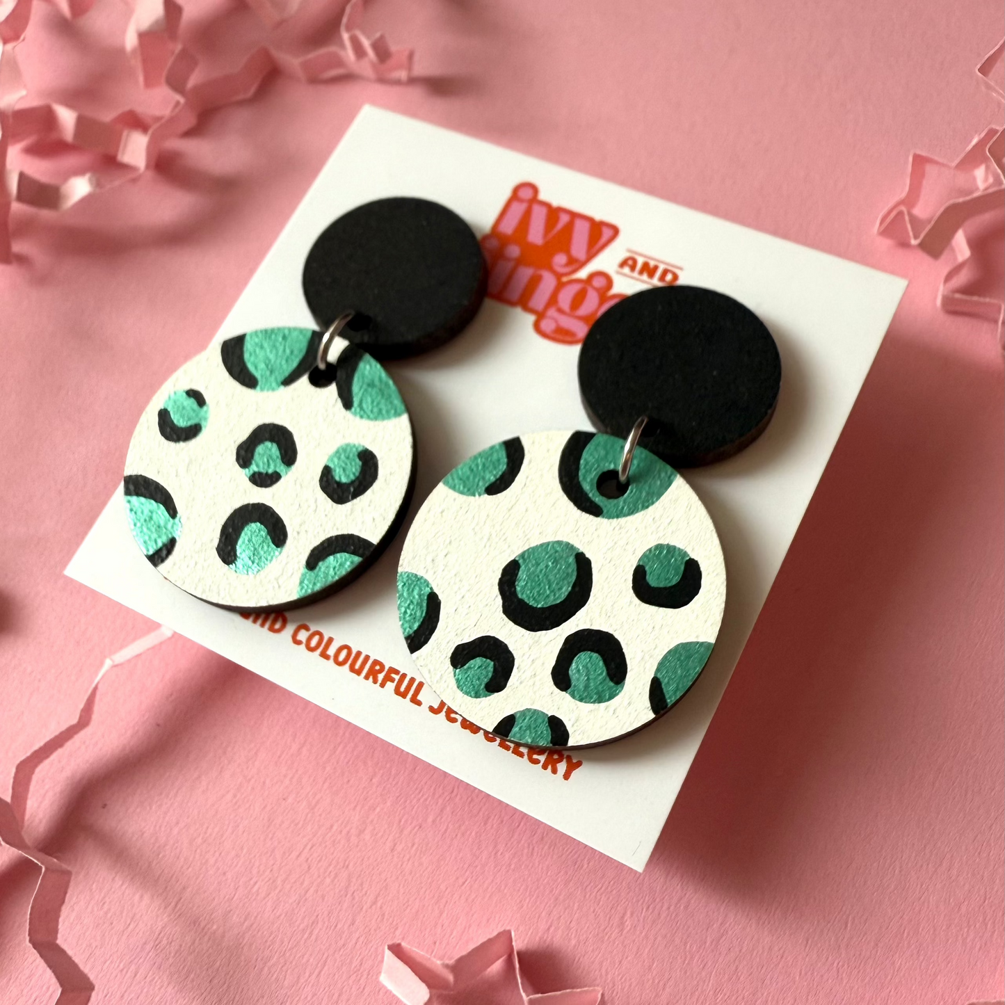 ONE OFF DESIGN: Metallic green leopard drop dangle statement earrings